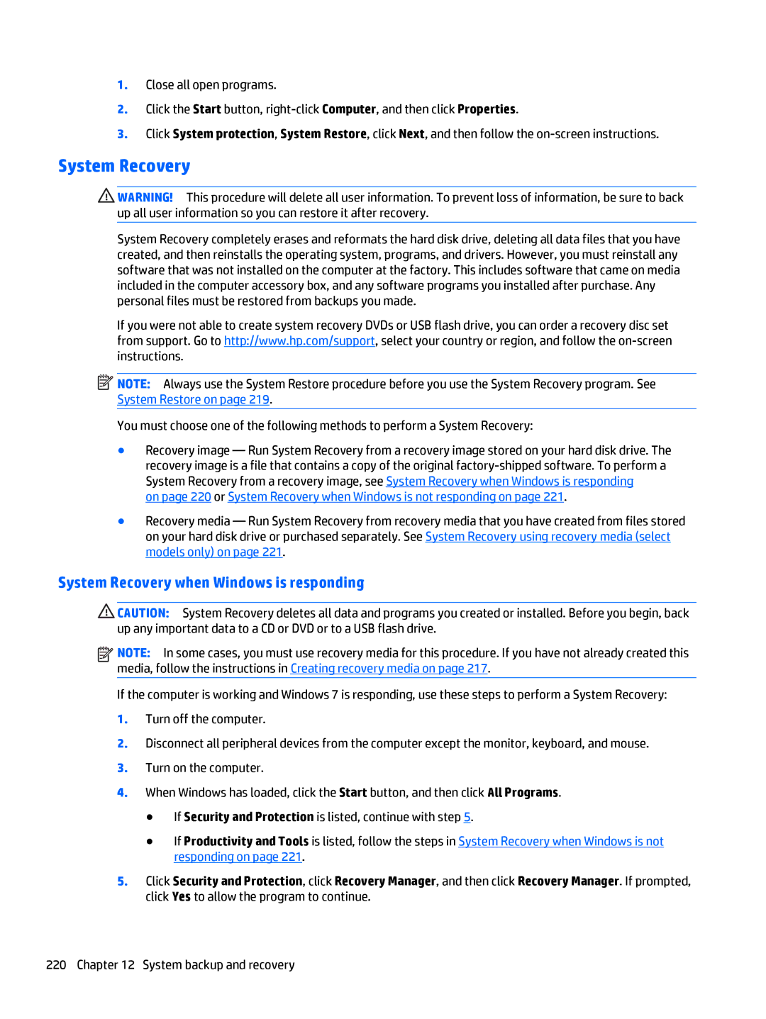 HP 705 G1 manual System Recovery when Windows is responding 