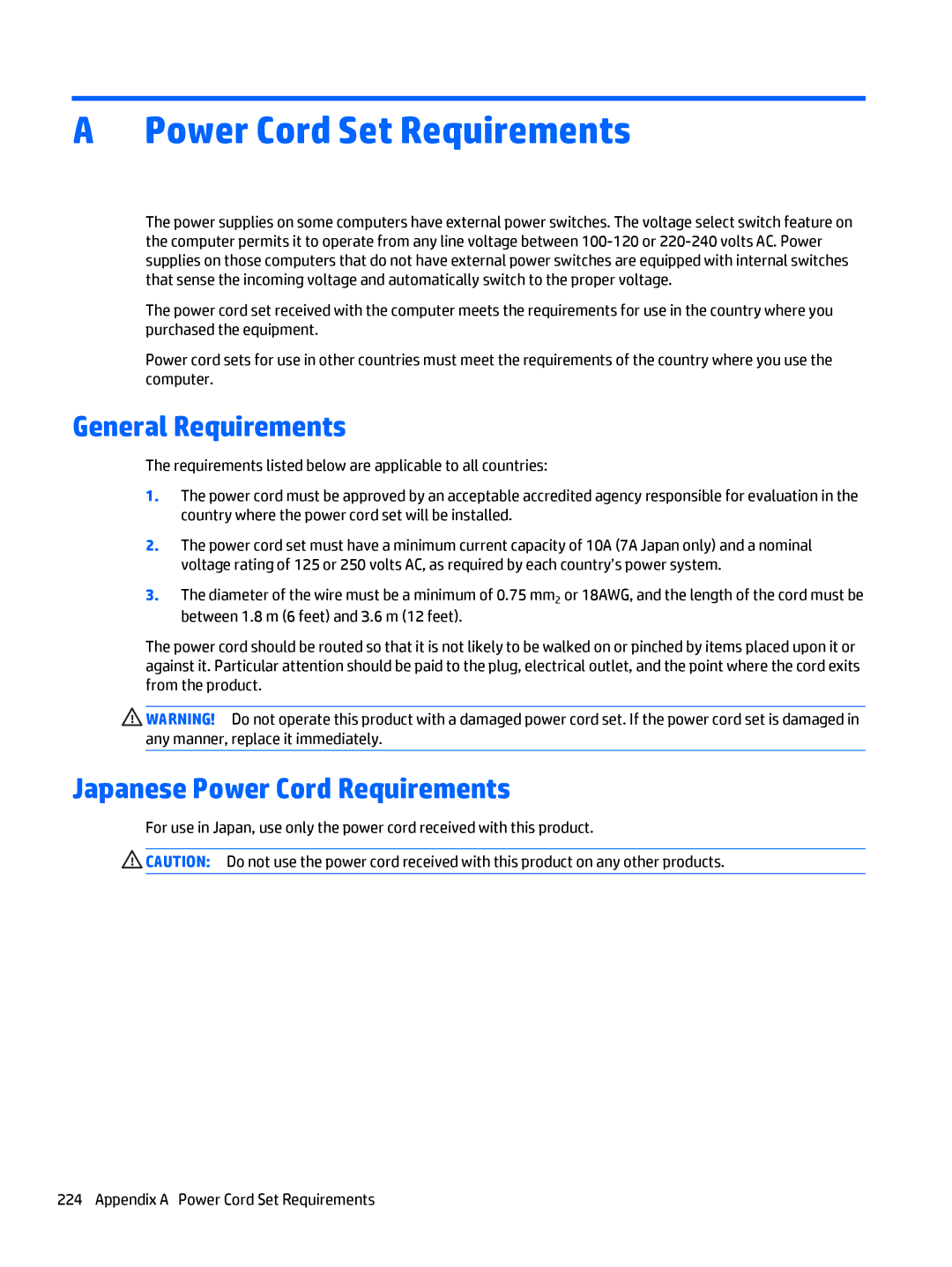 HP 705 G1 manual General Requirements, Japanese Power Cord Requirements 