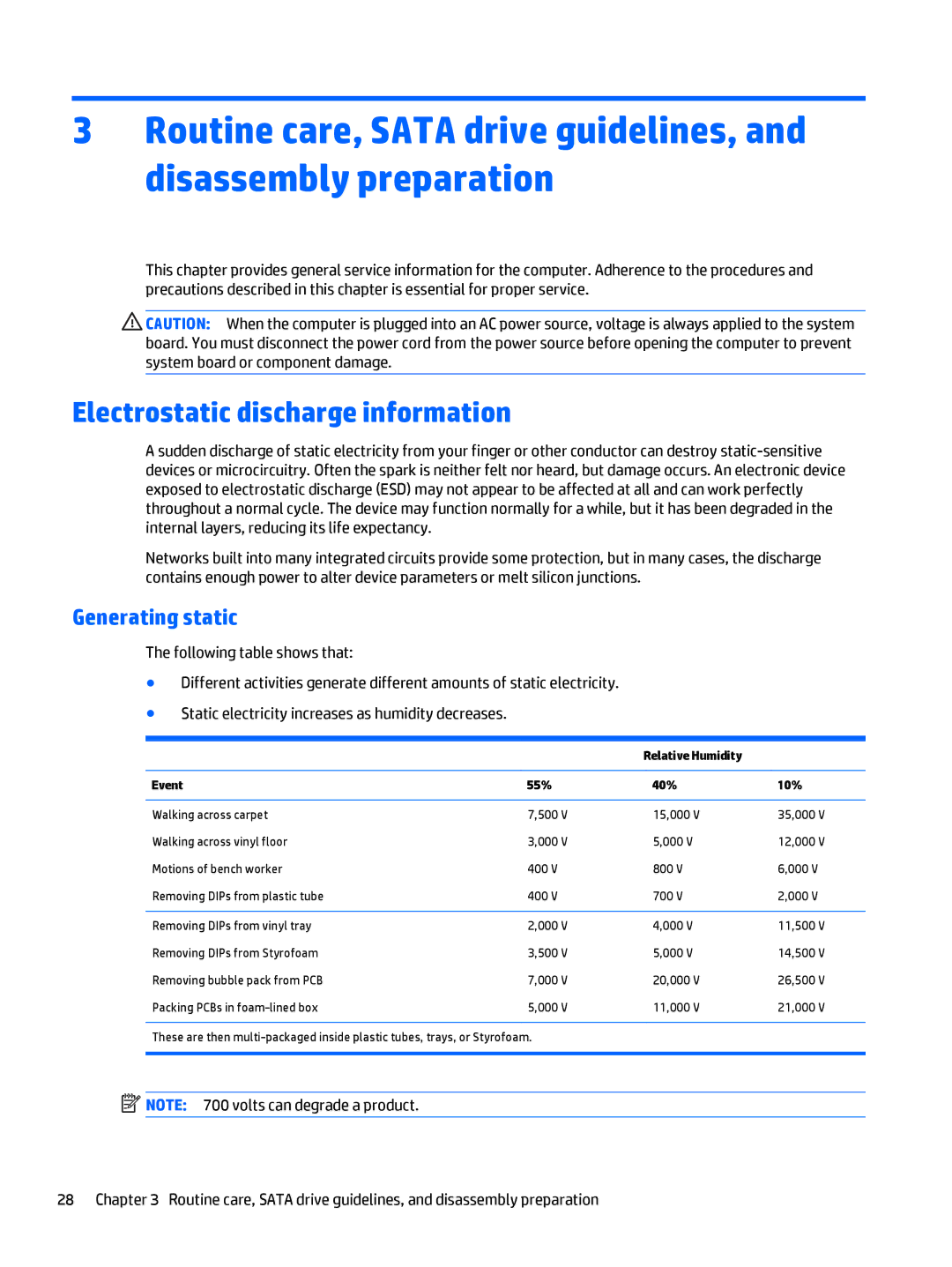 HP 705 G1 manual Electrostatic discharge information, Generating static, Relative Humidity Event 55% 40% 10% 