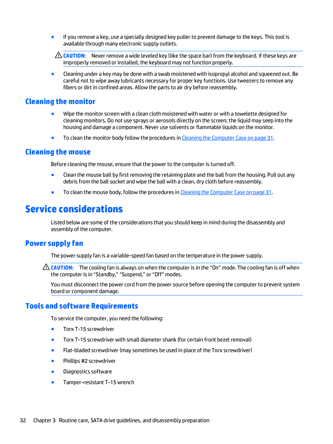 HP 705 G1 manual Service considerations, Cleaning the monitor, Cleaning the mouse, Power supply fan 