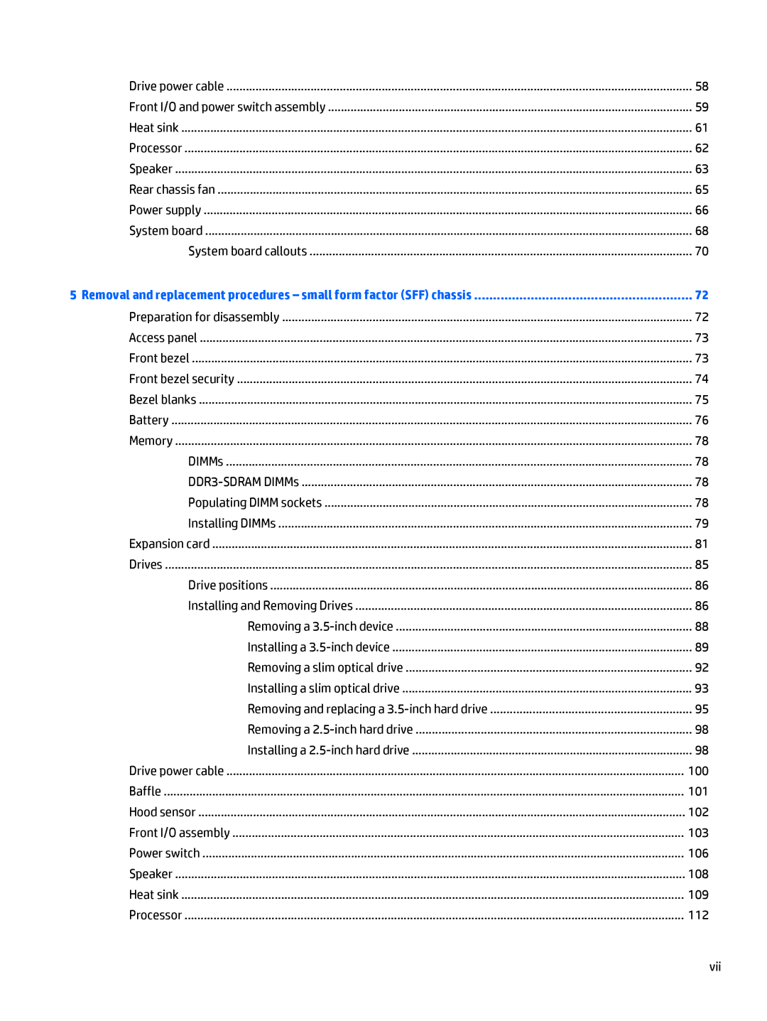 HP 705 G1 manual System board callouts, 100, 101, 102, 103, 106, 108, 109, 112, Vii 