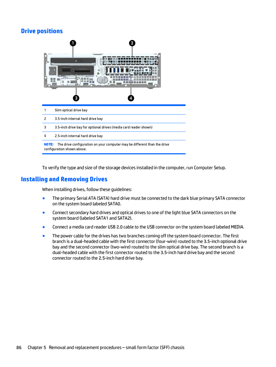 HP 705 G1 manual Drive positions, Installing and Removing Drives 