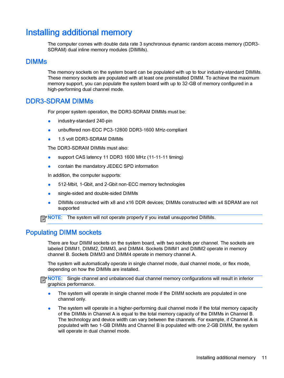 HP 705 G1 manual Installing additional memory, DDR3-SDRAM DIMMs, Populating Dimm sockets 