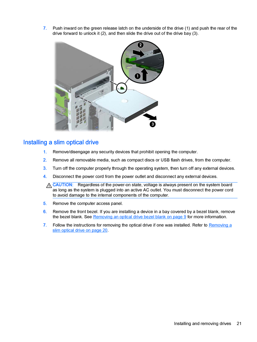 HP 705 G1 manual Installing a slim optical drive 