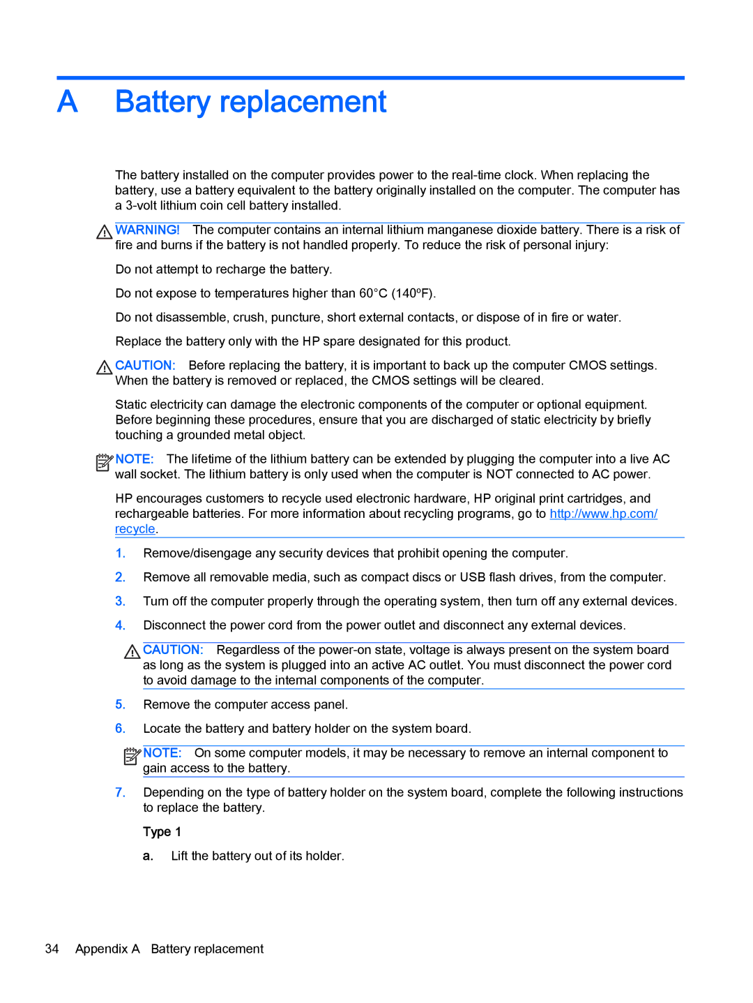 HP 705 G1 manual Battery replacement, Type 