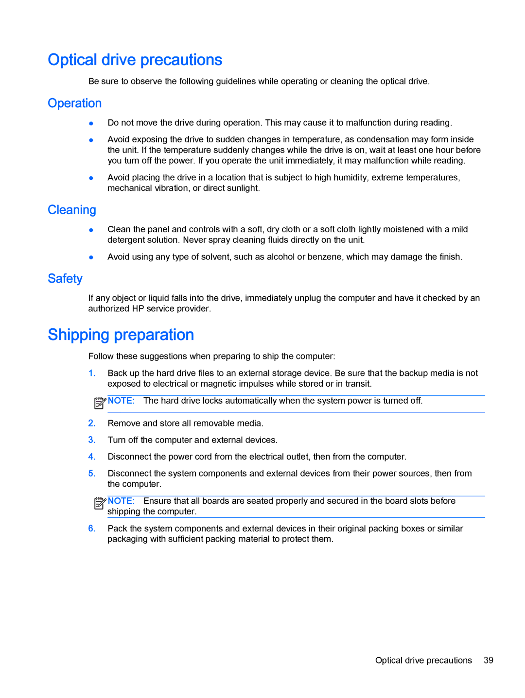 HP 705 G1 manual Optical drive precautions, Shipping preparation, Operation, Cleaning, Safety 