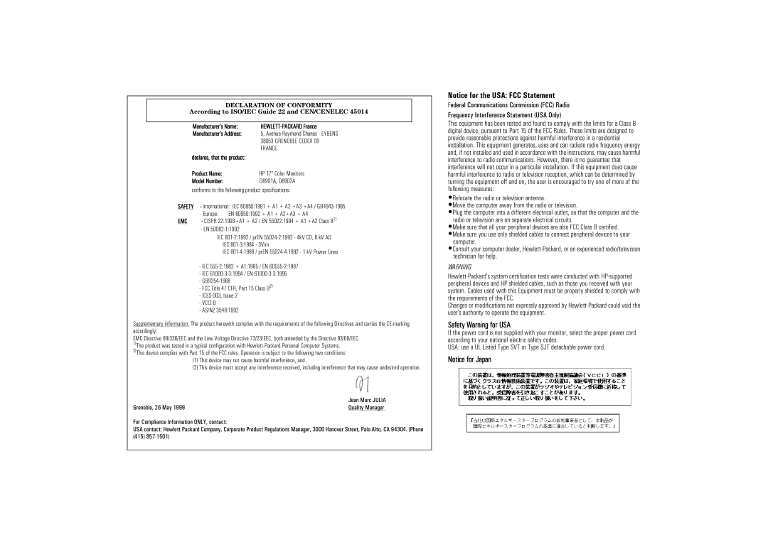 HP 71 17 inch MPRII manual Safety Warning for USA, Declaration of Conformity 