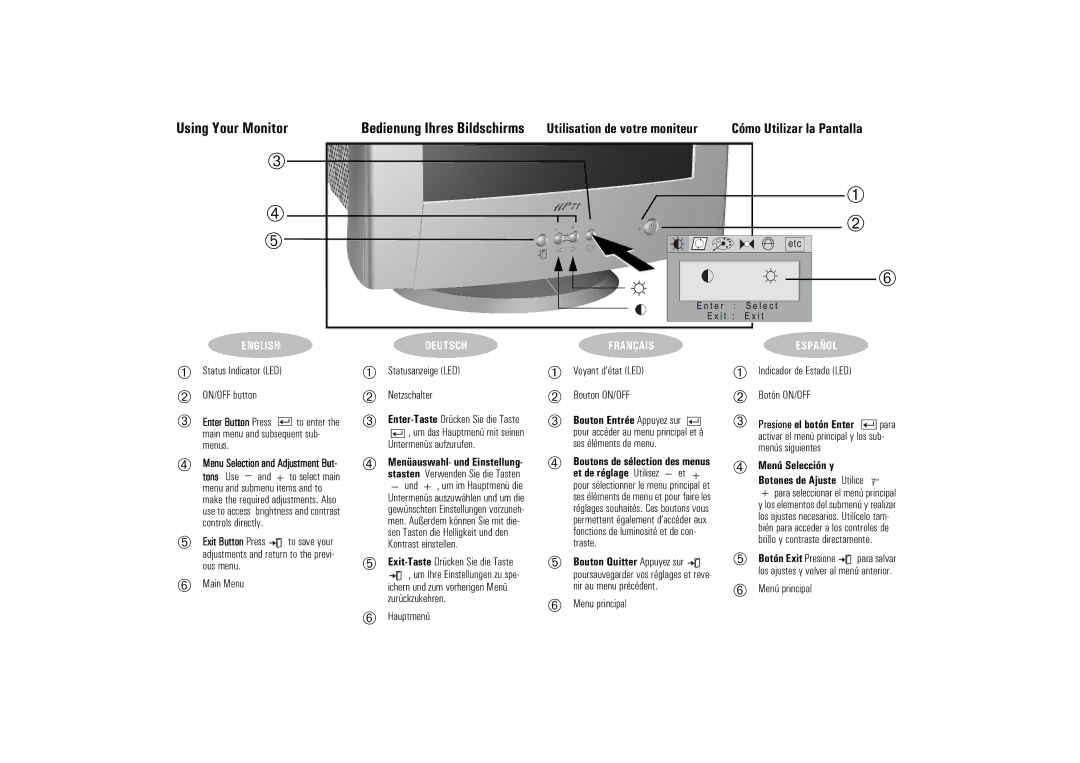 HP 71 17 inch MPRII manual Et de réglage Utilisez et, Menú Selección y Botones de Ajuste Utilice y 