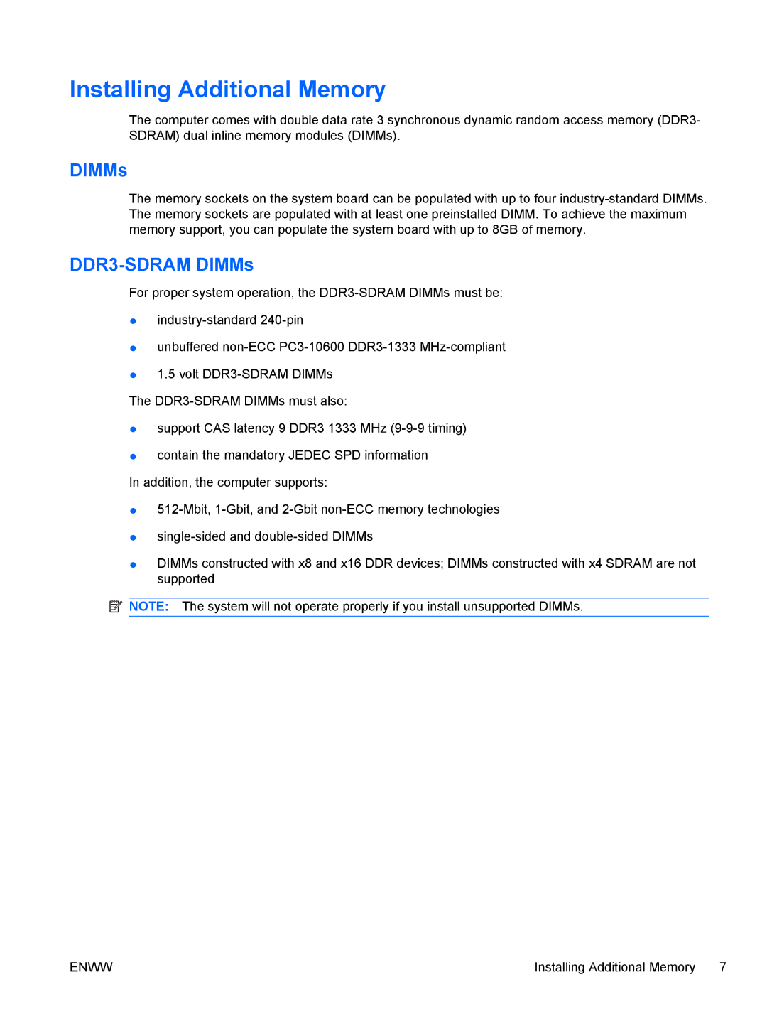 HP 7100 manual Installing Additional Memory, DDR3-SDRAM DIMMs 