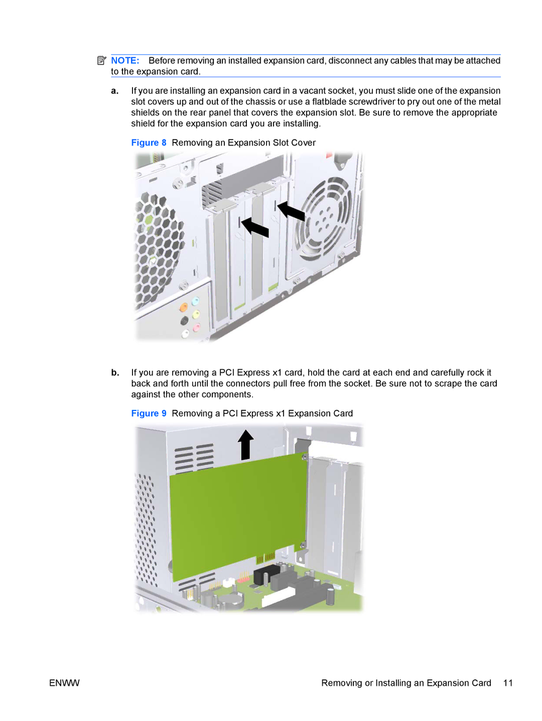 HP 7100 manual Removing a PCI Express x1 Expansion Card 