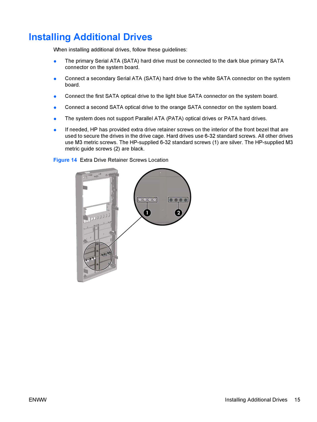 HP 7100 manual Installing Additional Drives, Extra Drive Retainer Screws Location 