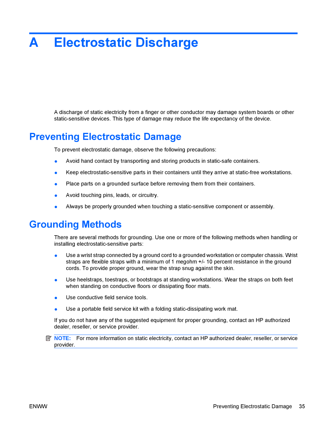 HP 7100 manual Preventing Electrostatic Damage, Grounding Methods 