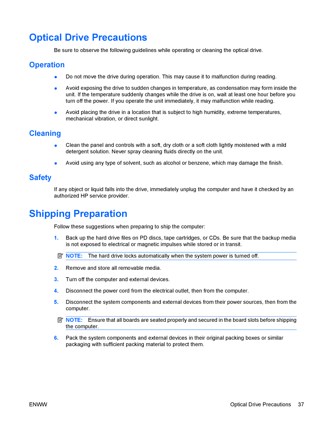 HP 7100 manual Optical Drive Precautions, Shipping Preparation, Operation, Cleaning, Safety 