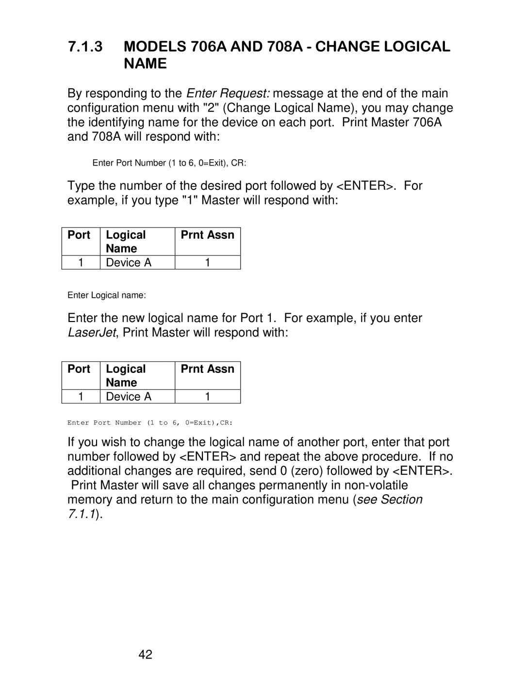 HP 708D, 710F, 710E, 708E, 706C, 706D, 708C, 706A manual Port Logical Prnt Assn Name Device a 