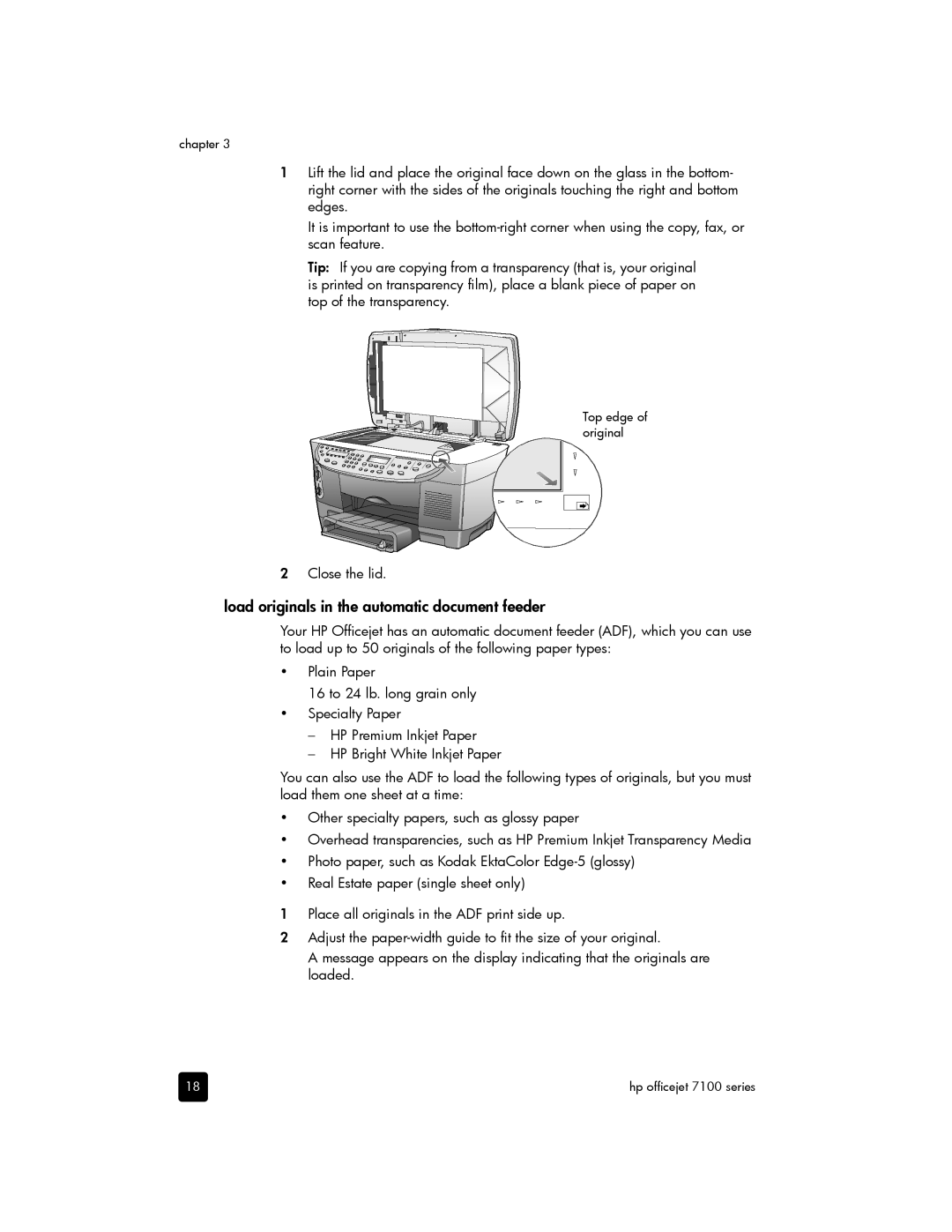 HP 7110 Wide Format E CR768AB1H manual Load originals in the automatic document feeder, Close the lid 