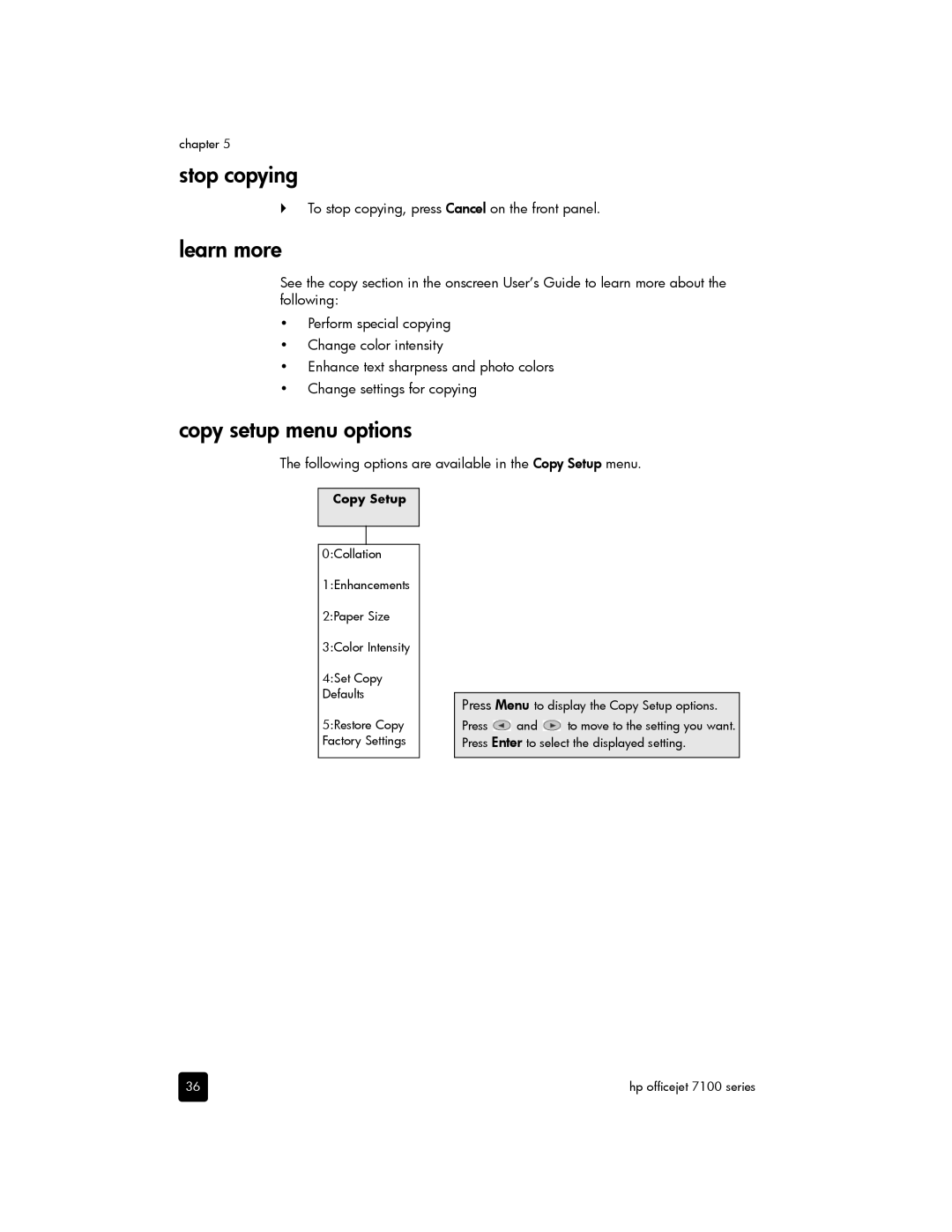 HP 7110 Wide Format E CR768AB1H Stop copying, Copy setup menu options, ` To stop copying, press Cancel on the front panel 