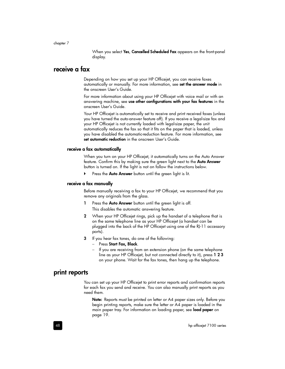 HP 7110 Wide Format E CR768AB1H Print reports, Receive a fax automatically, Receive a fax manually 