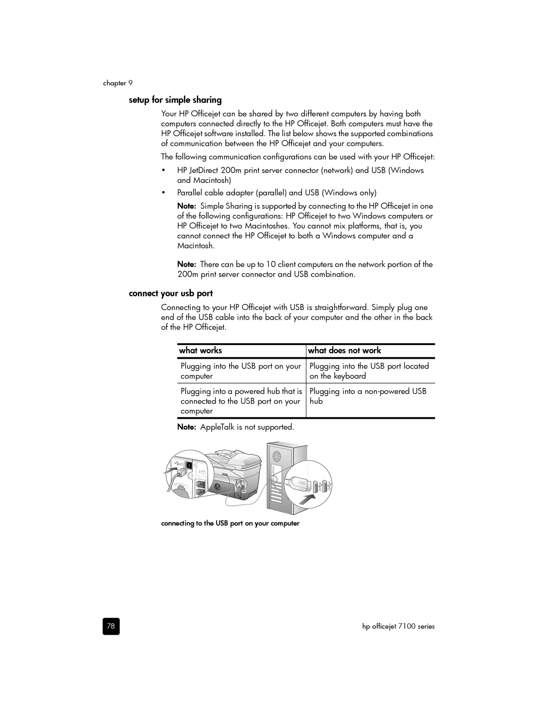 HP 7110 Wide Format E CR768AB1H manual Setup for simple sharing, Connect your usb port, What works What does not work 