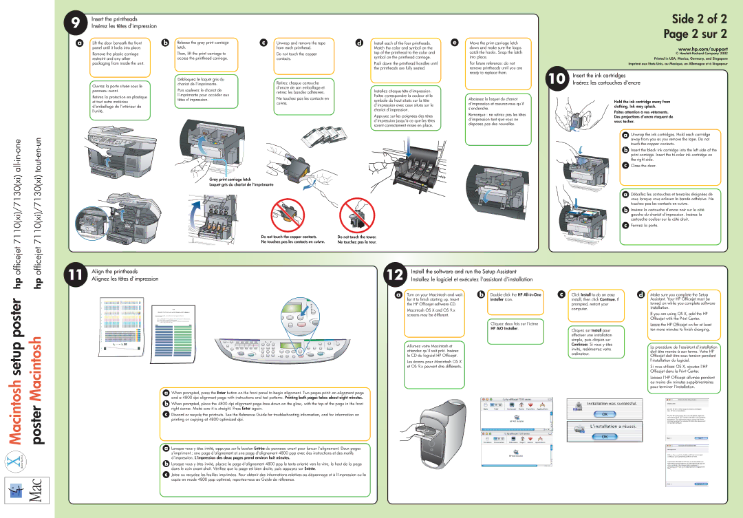 HP Side 2 2 sur, All-in-one Tout-en-un Hp officejet 7110xi/7130xi, Insert the printheads, Insert the ink cartridges 