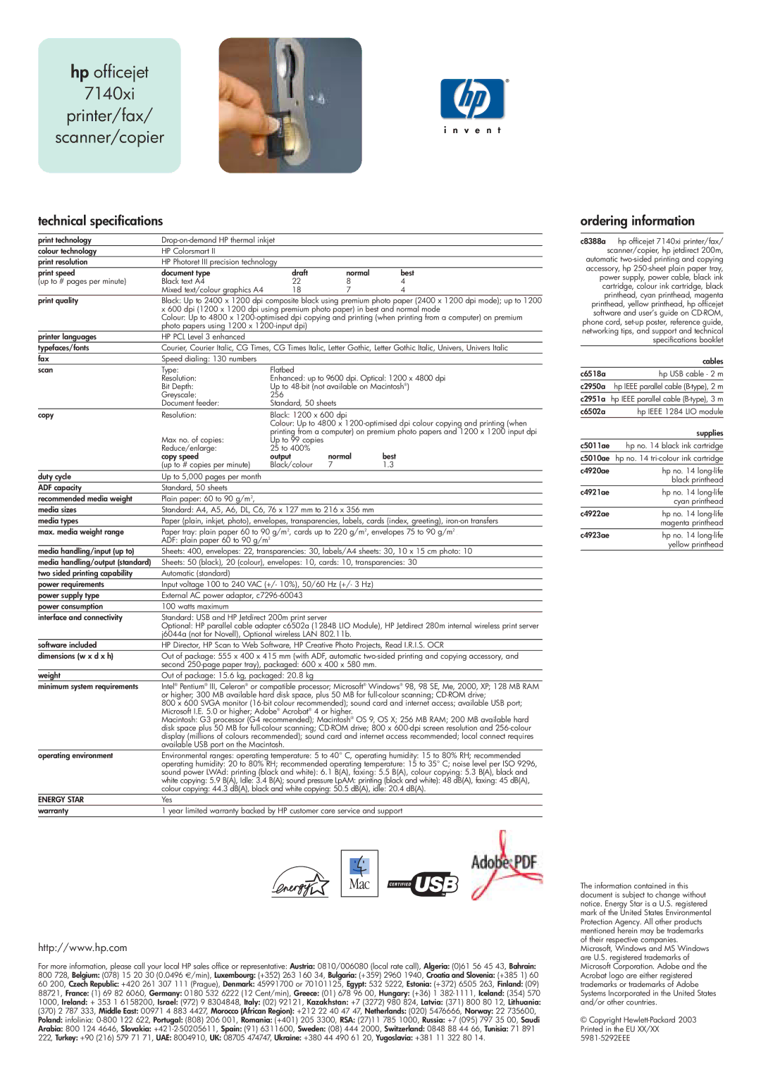 HP manual Hp officejet 7140xi Printer/fax Scanner/copier, Technical specifications, Ordering information 