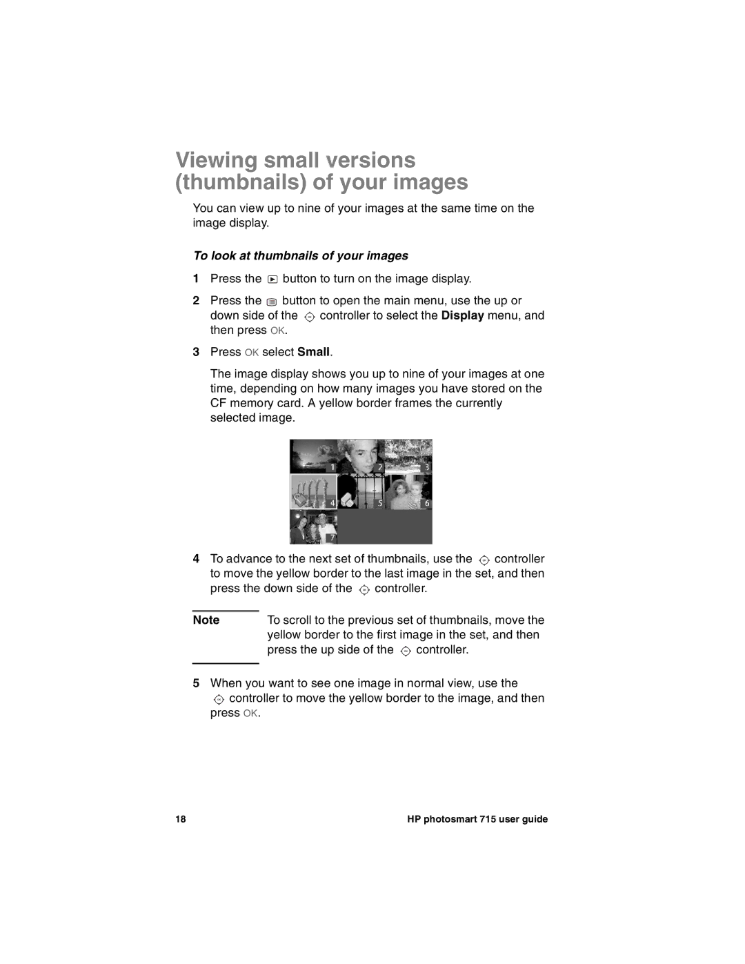 HP 715 manual Viewing small versions thumbnails of your images, To look at thumbnails of your images 