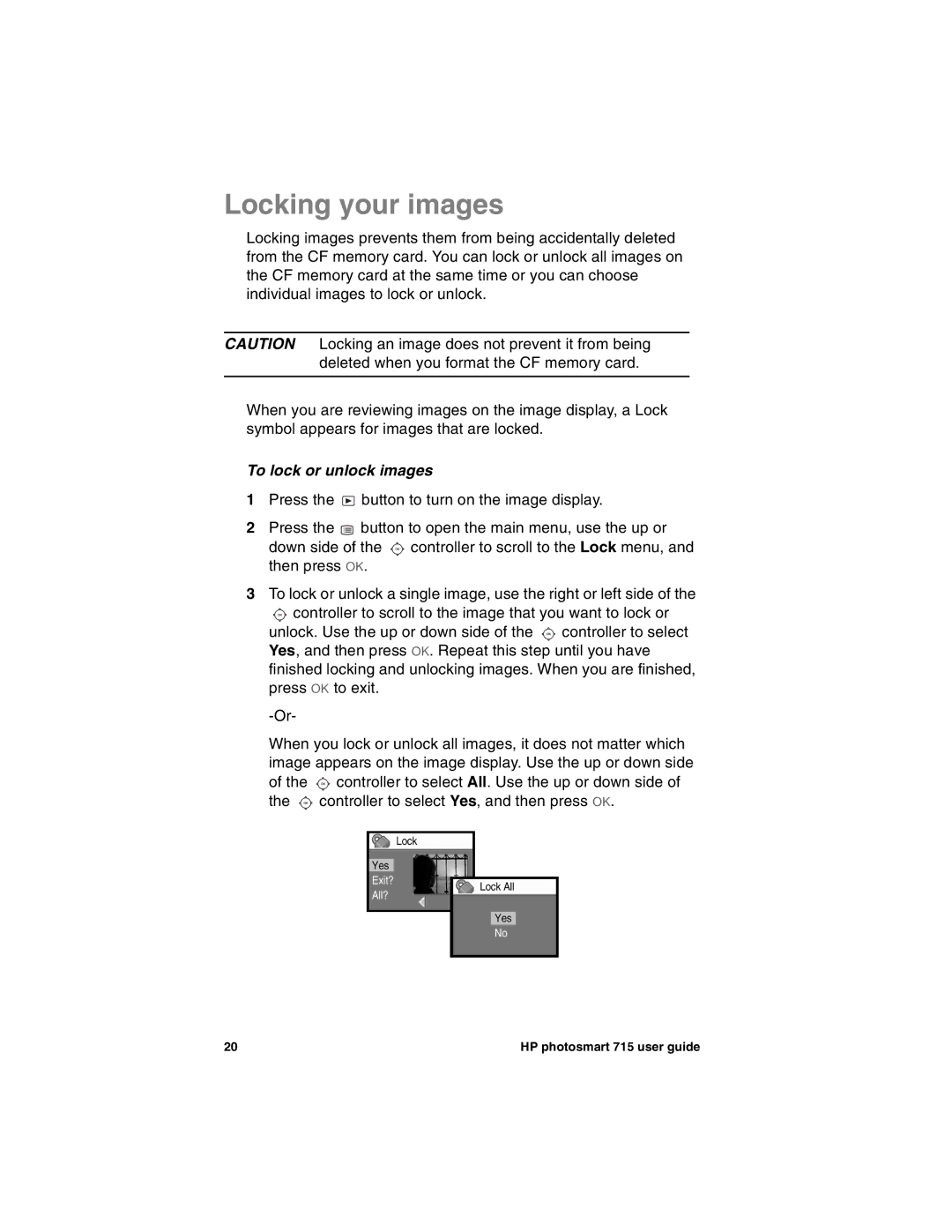 HP 715 manual Locking your images, To lock or unlock images 