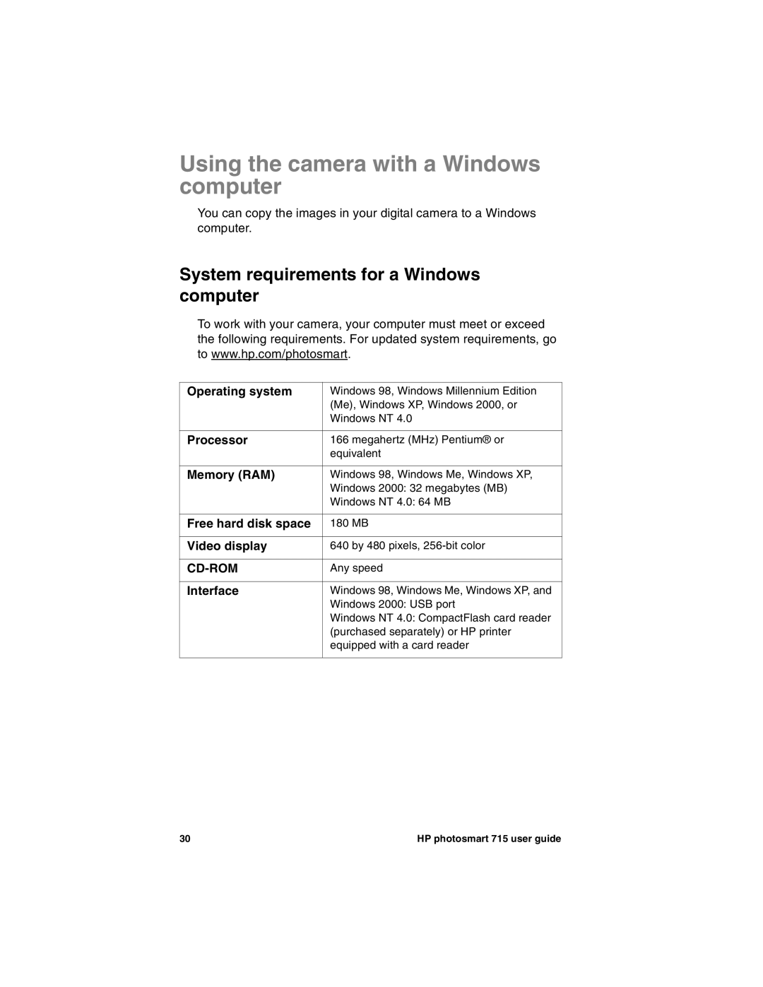 HP 715 manual Using the camera with a Windows computer, System requirements for a Windows computer 