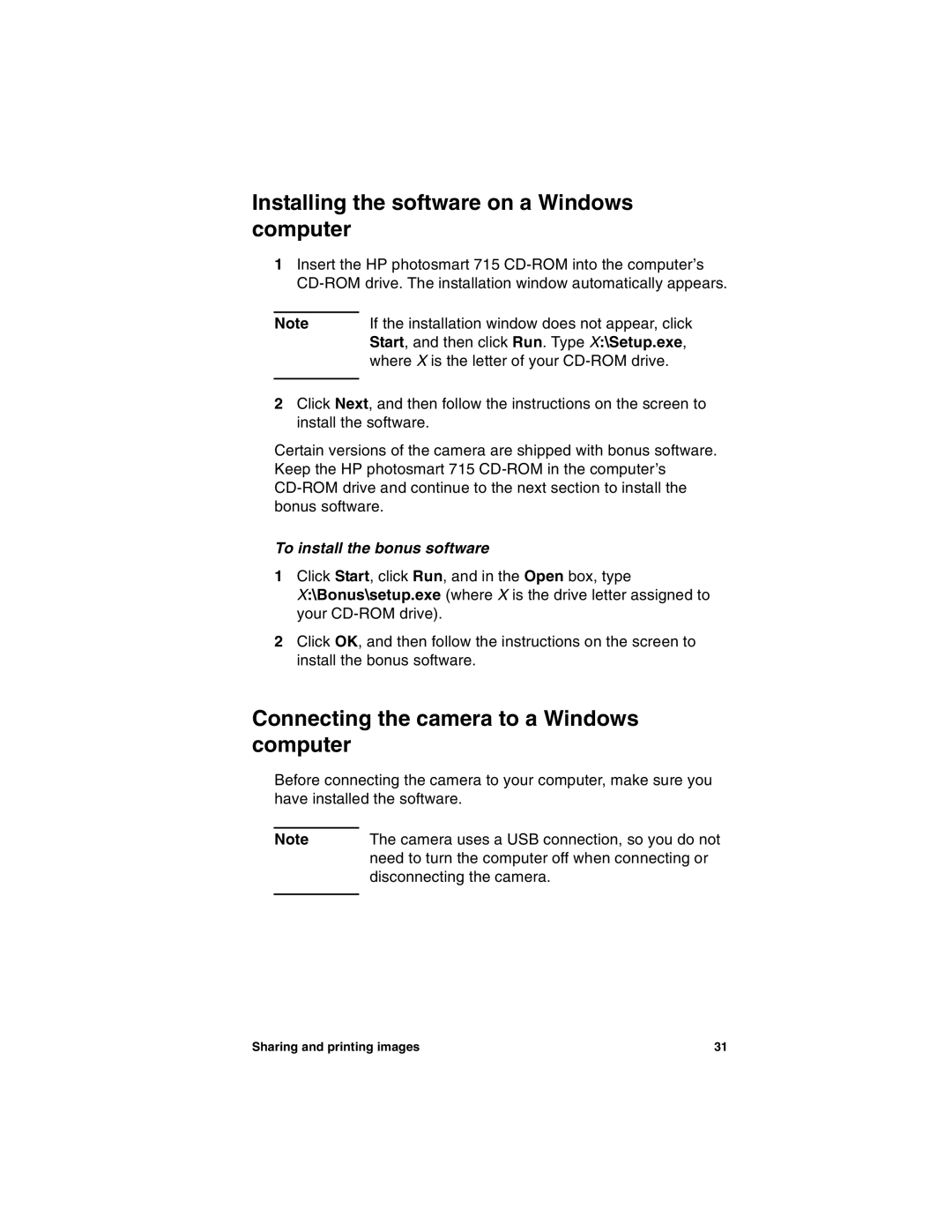 HP 715 manual Installing the software on a Windows computer, Connecting the camera to a Windows computer 