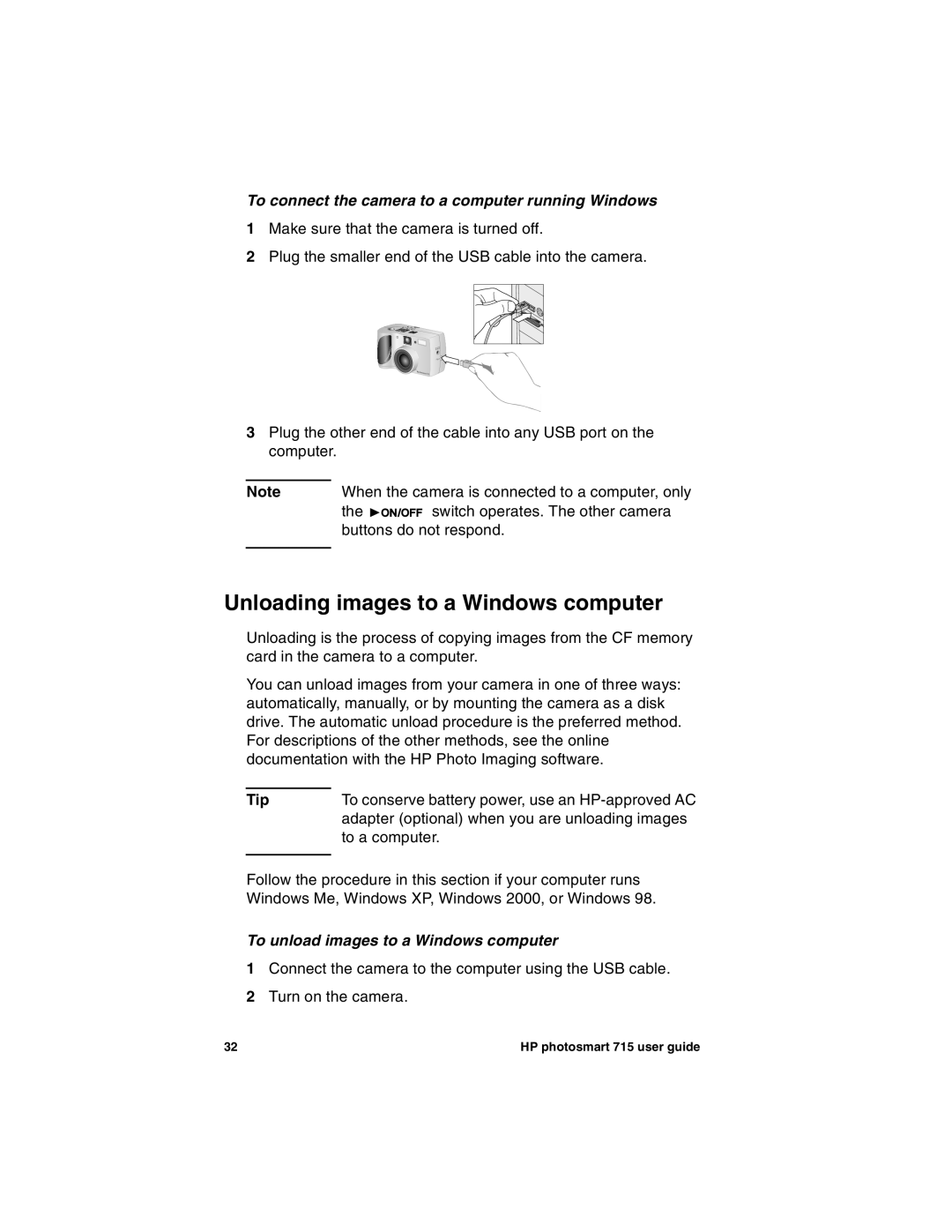 HP 715 manual Unloading images to a Windows computer, To connect the camera to a computer running Windows 