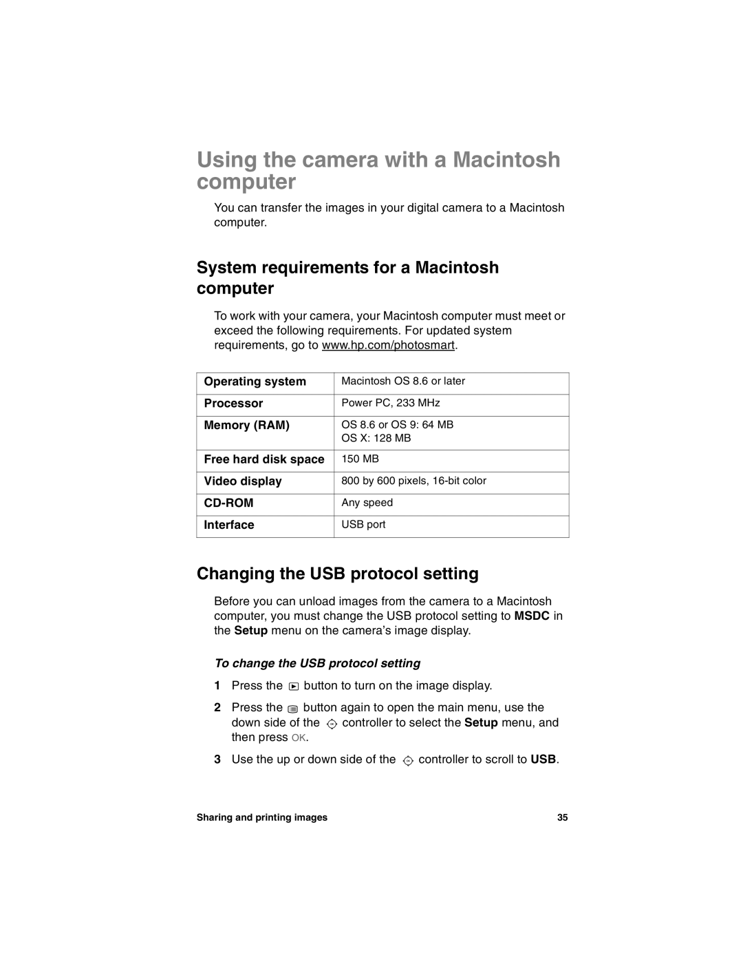 HP 715 manual Using the camera with a Macintosh computer, System requirements for a Macintosh computer 