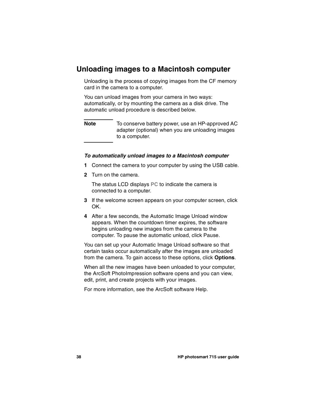 HP 715 manual Unloading images to a Macintosh computer, To automatically unload images to a Macintosh computer 