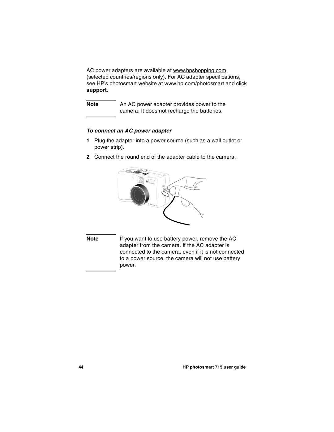 HP 715 manual To connect an AC power adapter 