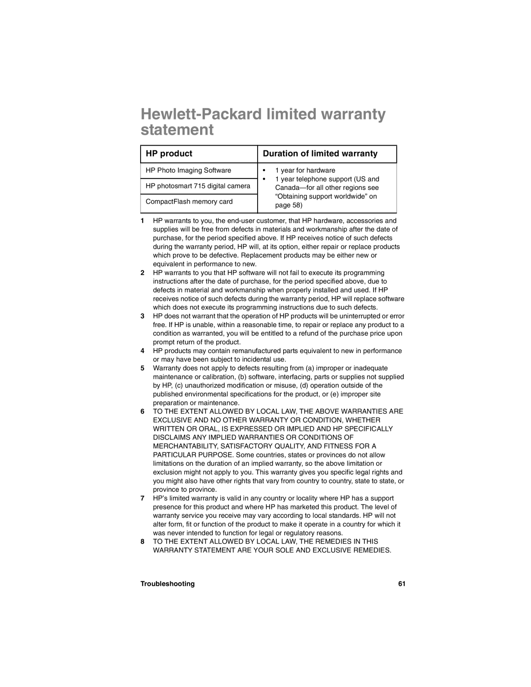 HP 715 manual Hewlett-Packard limited warranty statement, HP product Duration of limited warranty 