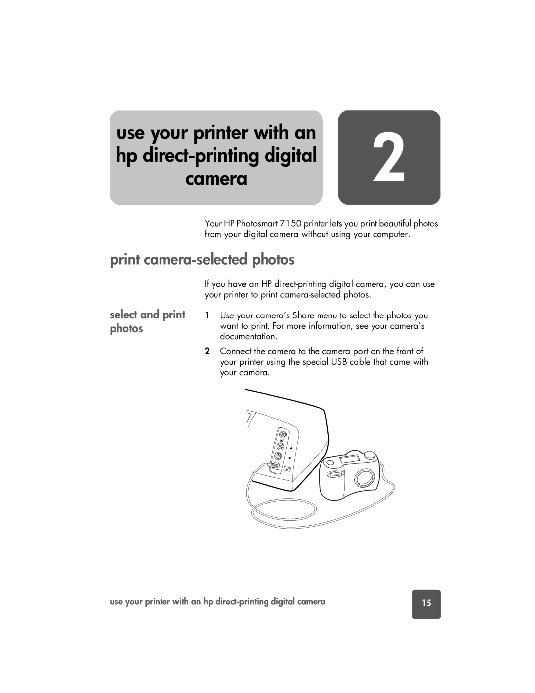 HP 7150 manual Use your printer with an Hp direct-printing digital, Print camera-selected photos, Select and print photos 