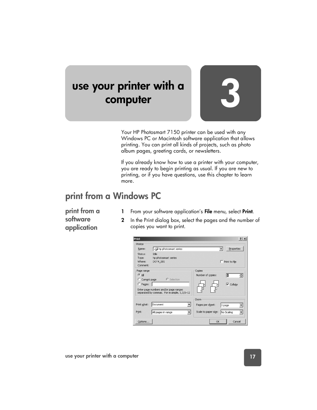 HP 7150 manual Use your printer with a, Print from a Windows PC, Print from a software application 