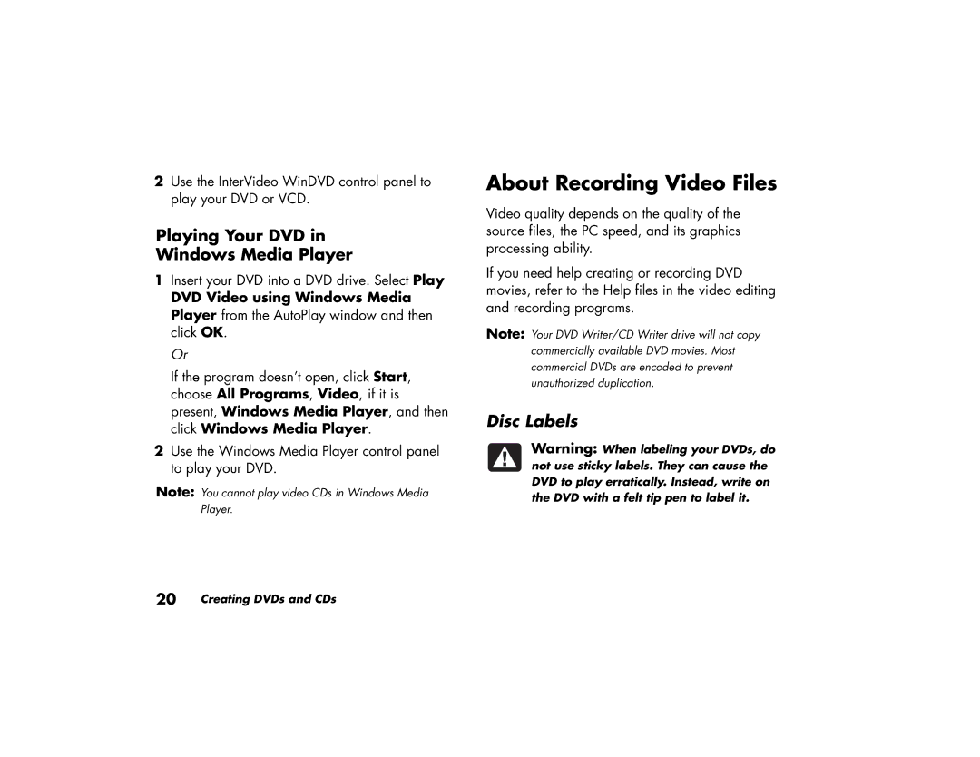 HP a290n (US/CAN), 716n (US), a250n manual About Recording Video Files, Playing Your DVD Windows Media Player, Disc Labels 