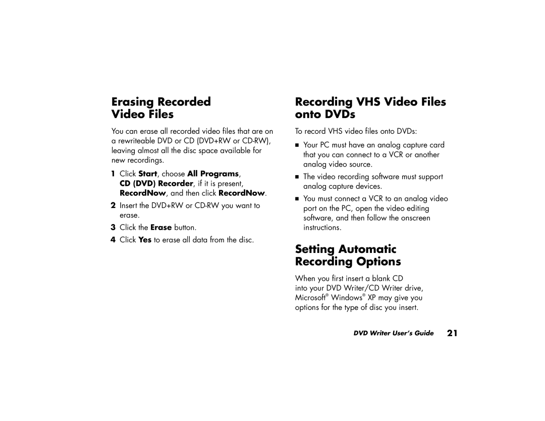 HP a288n (US/CAN) Erasing Recorded Video Files, Recording VHS Video Files onto DVDs, Setting Automatic Recording Options 