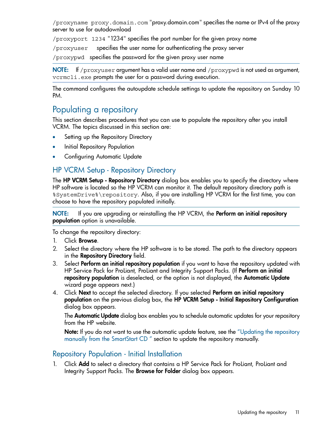 HP 7.2 manual Populating a repository, HP Vcrm Setup Repository Directory, Repository Population Initial Installation 