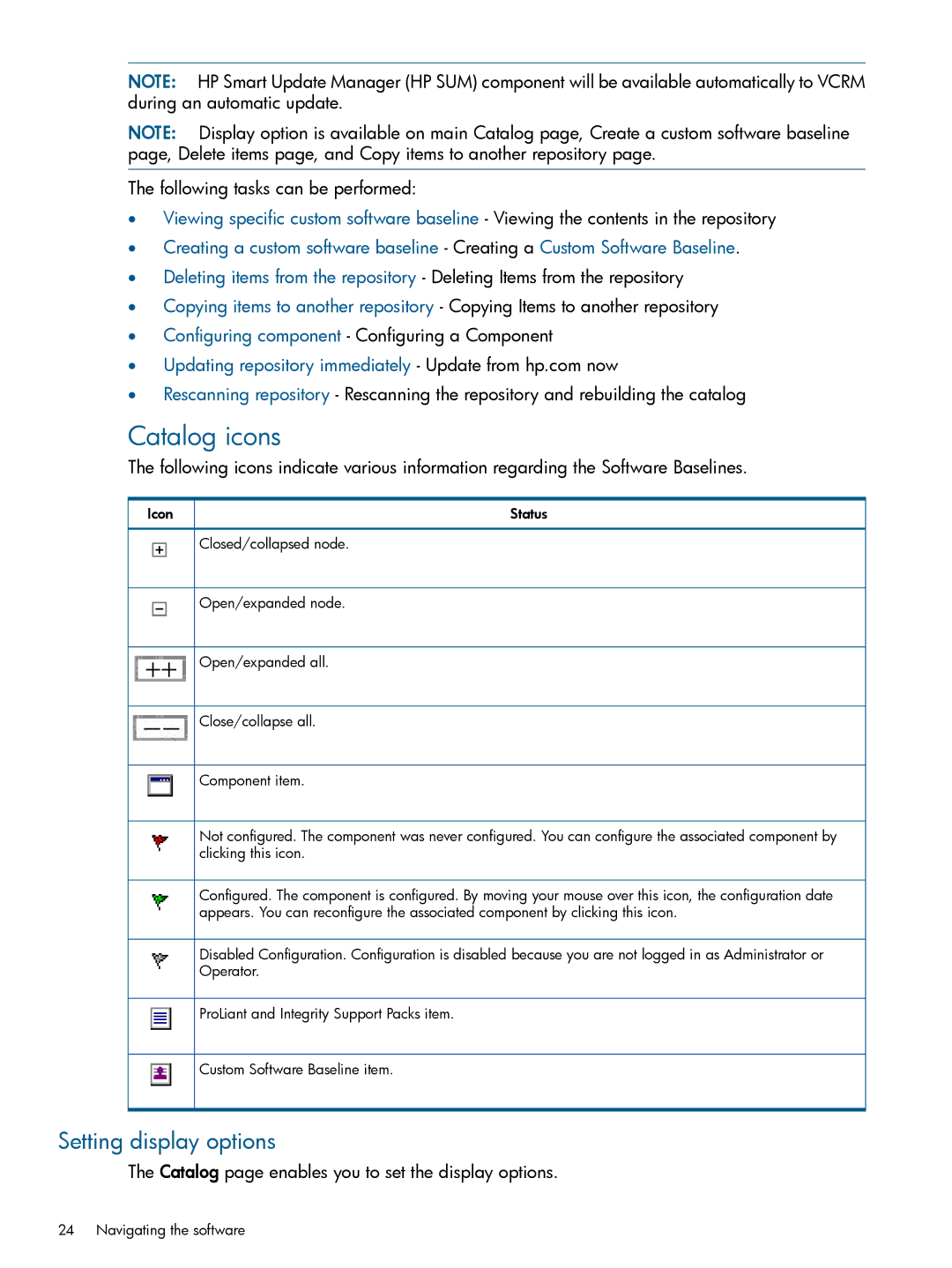 HP 7.2 manual Catalog icons, Setting display options 