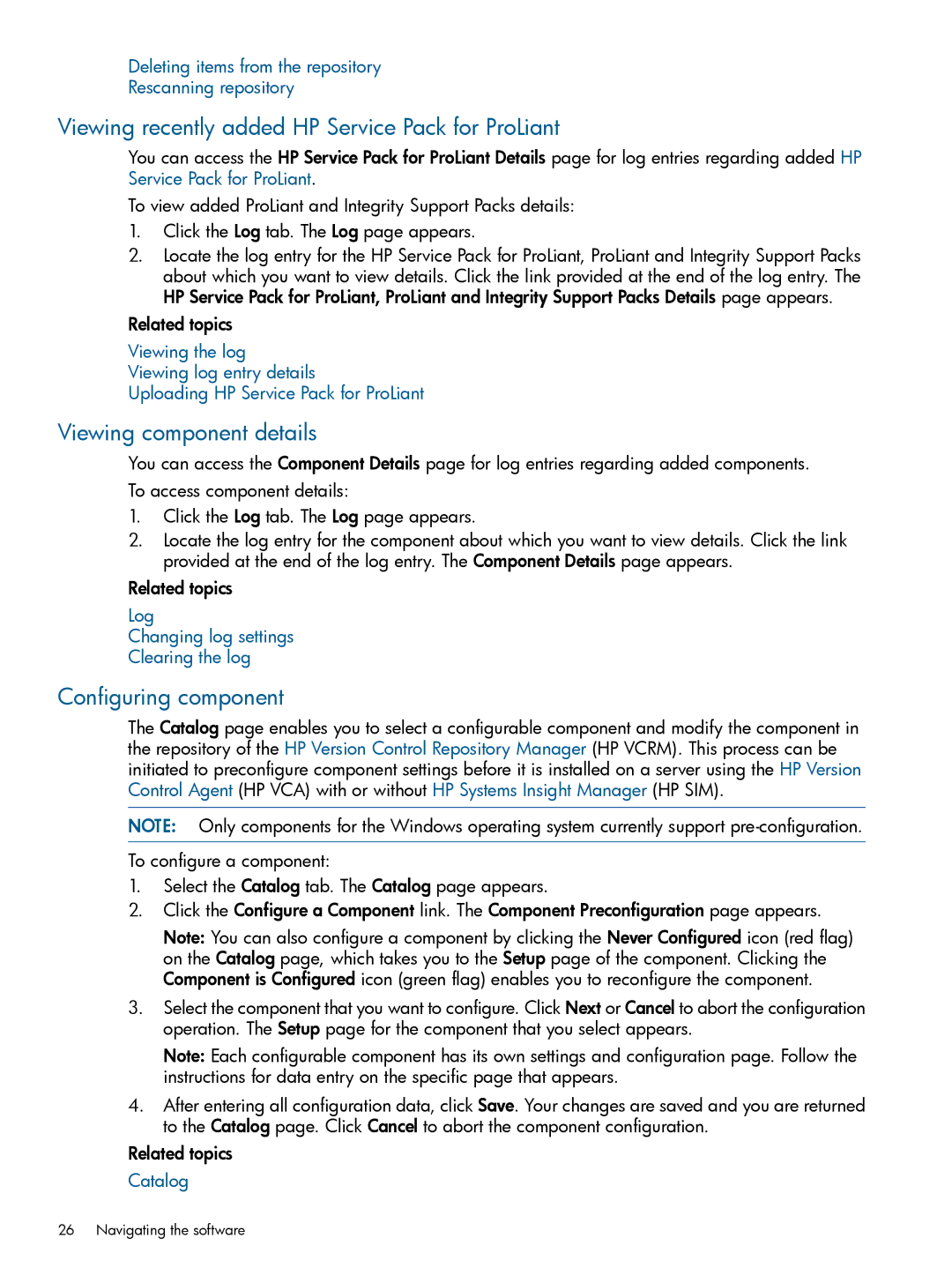 HP 7.2 manual Viewing recently added HP Service Pack for ProLiant, Viewing component details, Configuring component 