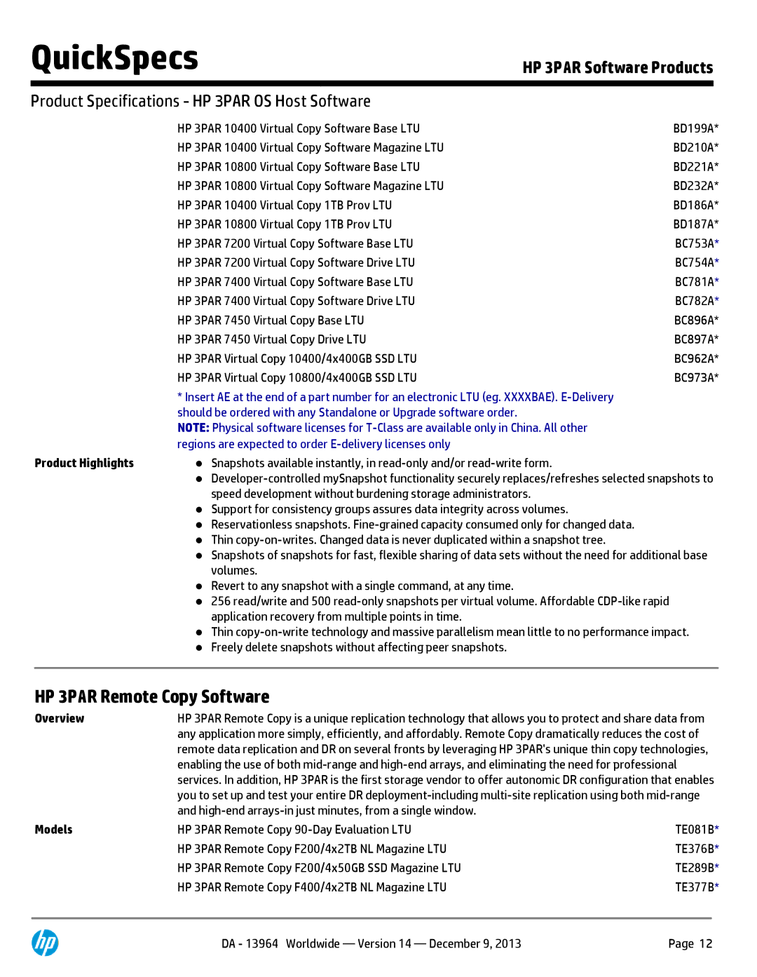 HP 7200 BC767A manual HP 3PAR Remote Copy Software 