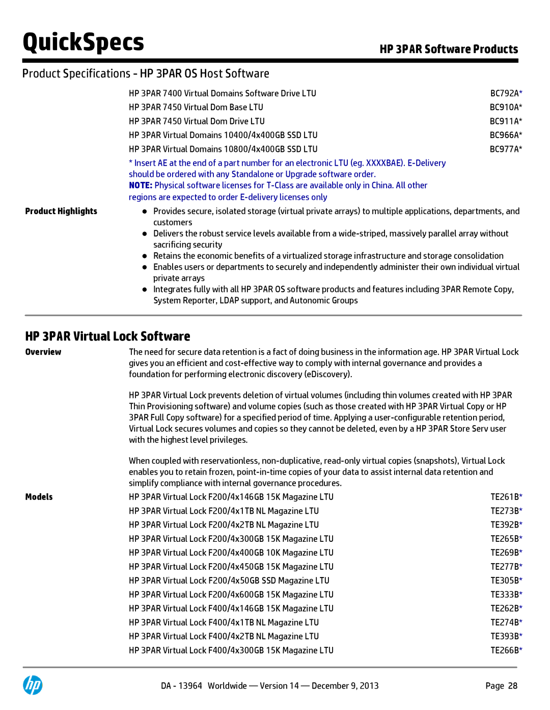 HP 7200 BC767A manual HP 3PAR Virtual Lock Software 