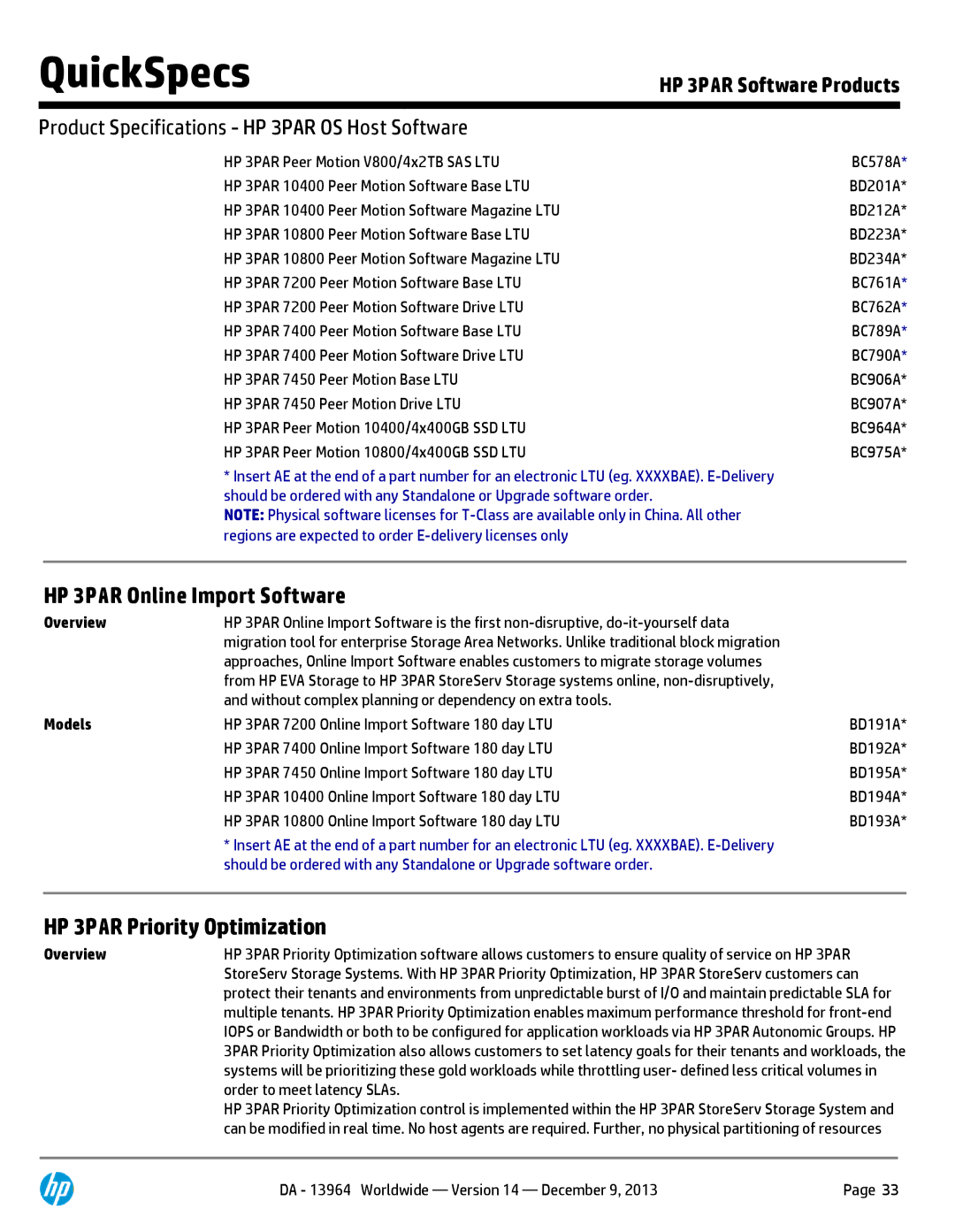 HP 7200 BC767A manual HP 3PAR Online Import Software, HP 3PAR Priority Optimization 