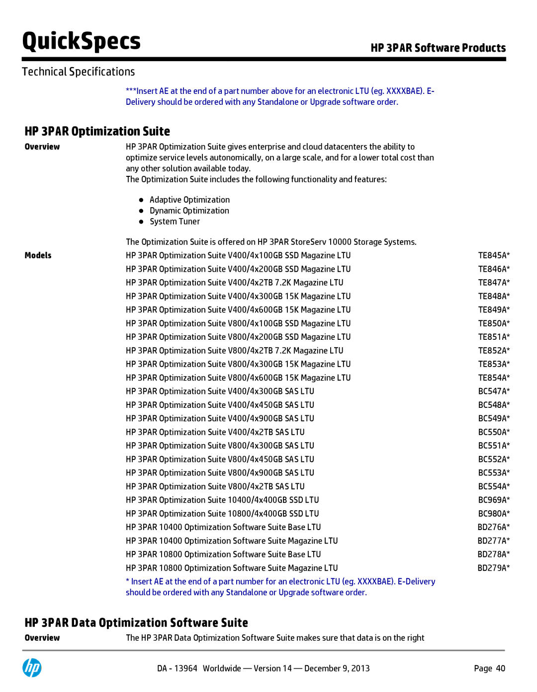 HP 7200 BC767A manual HP 3PAR Optimization Suite, HP 3PAR Data Optimization Software Suite 