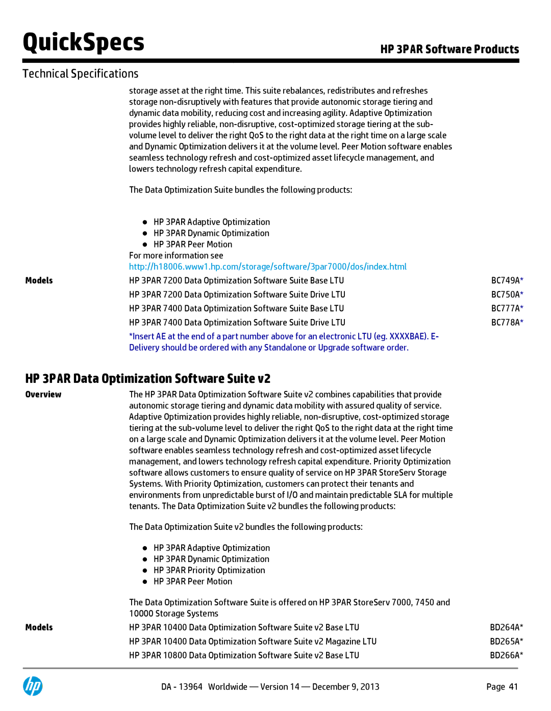 HP 7200 BC767A manual HP 3PAR 7200 Data Optimization Software Suite Base LTU 