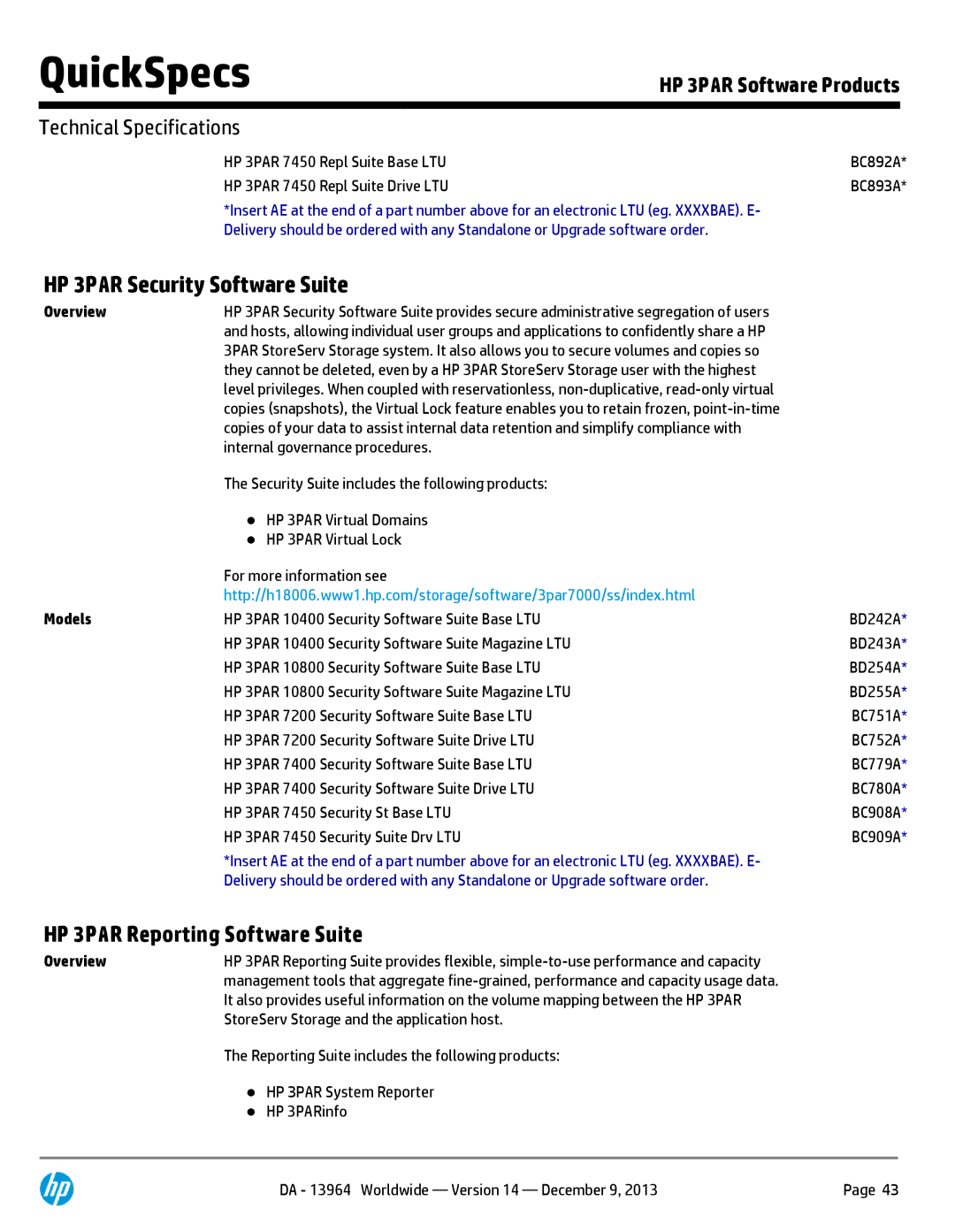 HP 7200 BC767A manual HP 3PAR Security Software Suite, HP 3PAR Reporting Software Suite 