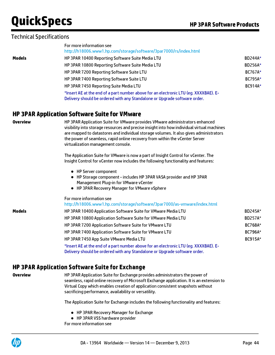 HP 7200 BC767A manual HP 3PAR Application Software Suite for VMware, HP 3PAR Application Software Suite for Exchange 