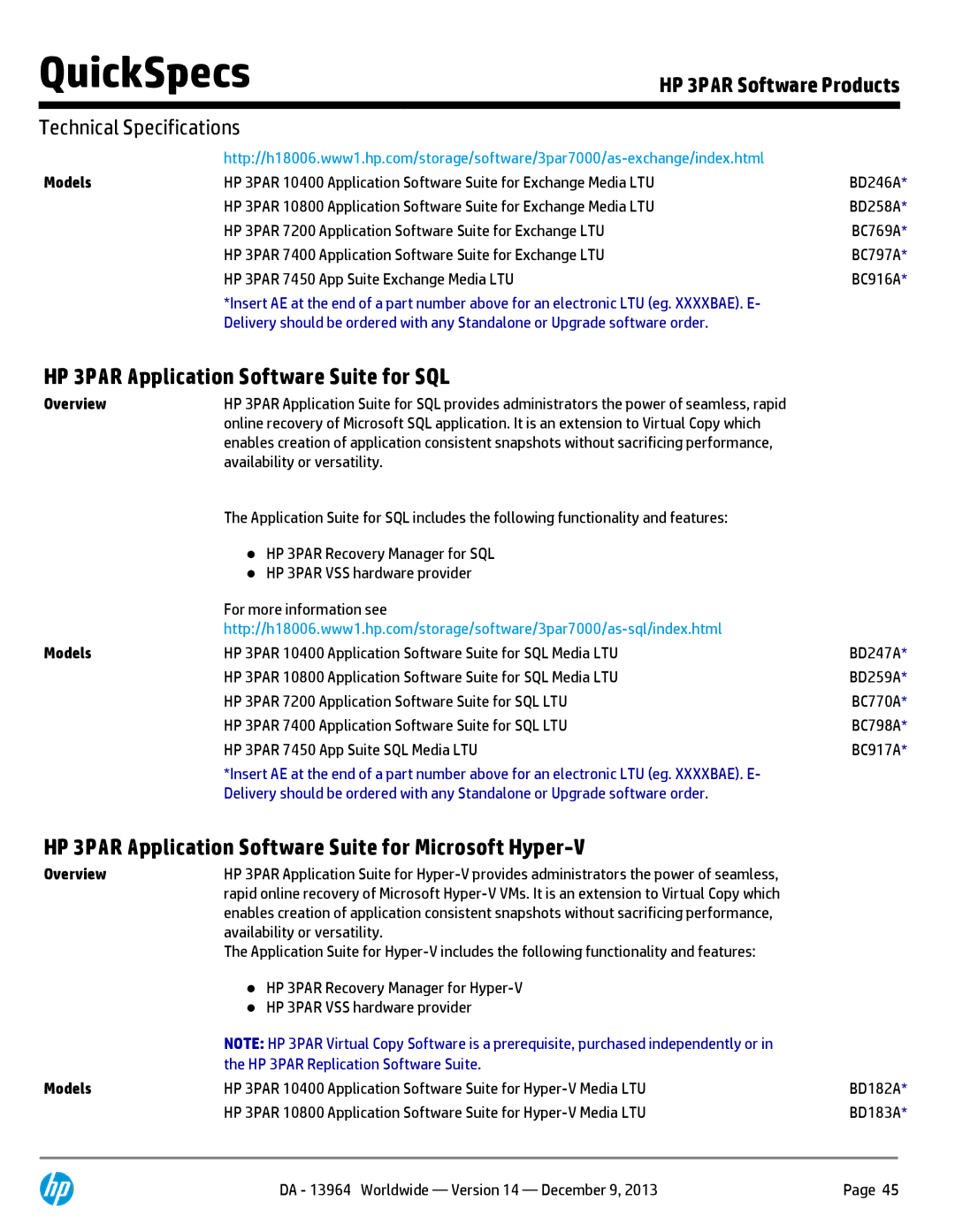 HP 7200 BC767A manual HP 3PAR Application Software Suite for SQL, HP 3PAR Application Software Suite for Microsoft Hyper-V 