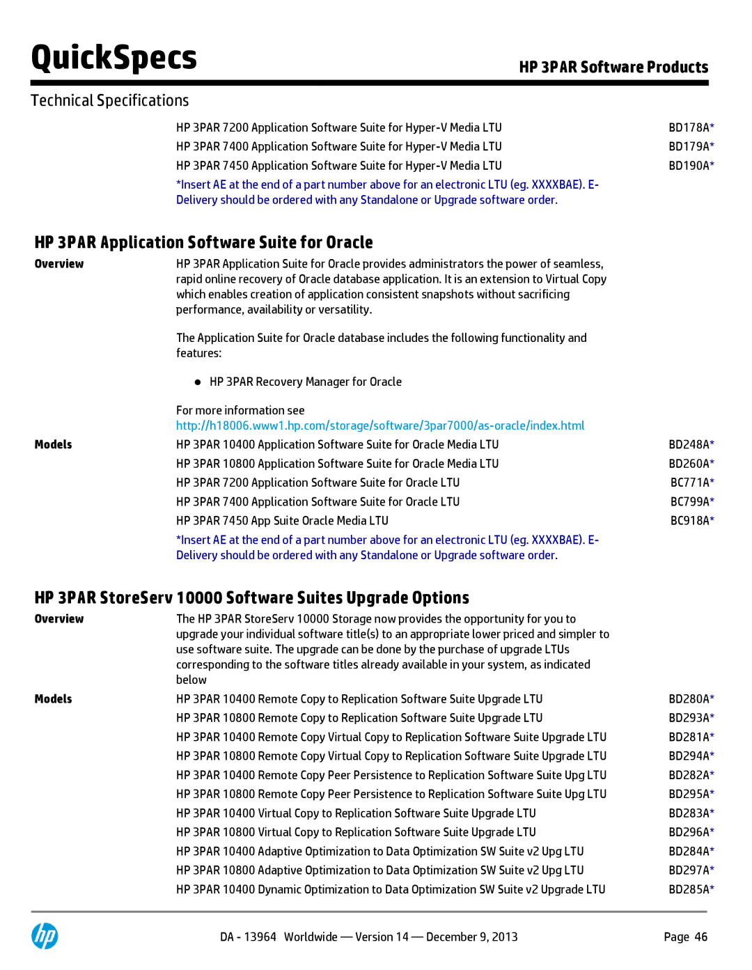 HP 7200 BC767A HP 3PAR Application Software Suite for Oracle, HP 3PAR StoreServ 10000 Software Suites Upgrade Options 