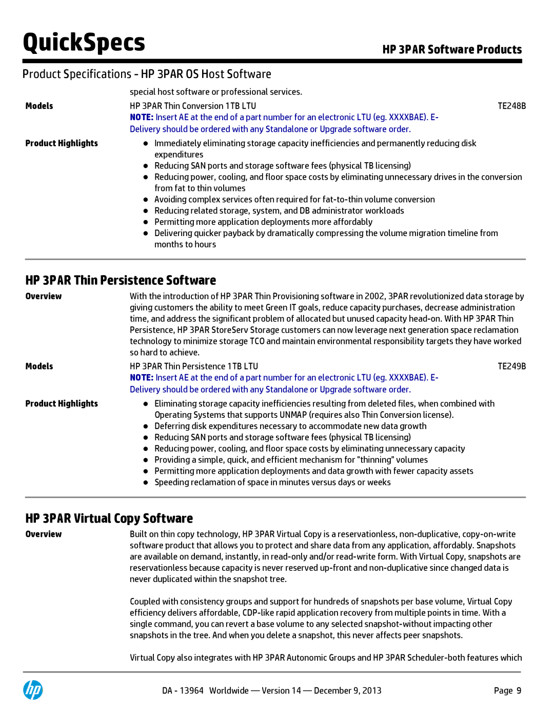 HP 7200 BC767A manual HP 3PAR Thin Persistence Software, HP 3PAR Virtual Copy Software 